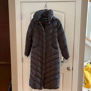 Steve Madden Long Hooded Quilted Puffer Coat in Charcoal Gray Titanium